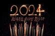 Happy New Year 2024. Sparkling burning text Happy New Year 2024 isolated on black background.
