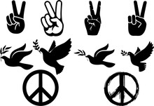 Peace Sign And Symbol Icons Like Peace Dove, Hand Gesture And International Peace Logo. Nuclear Disarmament And Avoiding War Concept For Poster, Banner, Flyer Or Media.