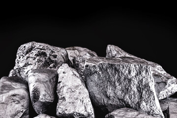 Poster - piece of silver or platinum on the stone floor, on black background. Export ore from south africa