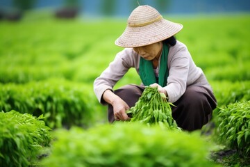 Sticker - tea field worker picking fresh green tea leaves