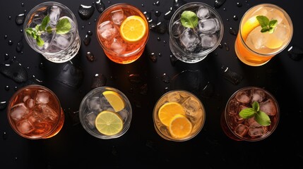 Aufkleber - Fruit drinks with ice on a grey background viewed from above
