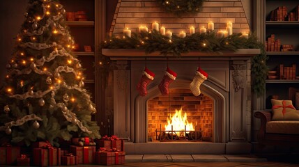 Poster - Festively lit living room adorned for Christmas with a decorated Xmas tree candles and garland indoors