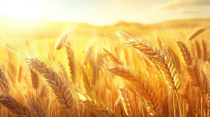 Poster - Golden wheat in a rural sunset landscape under shining sunlight symbolizing a rich harvest