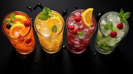 Poster - Fruit drinks with ice on a grey background viewed from above