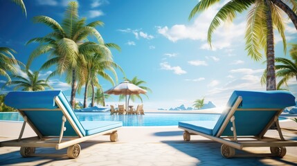 Poster - Luxurious coastal vacation setting with pool beach chairs umbrellas and palm trees under blue sky