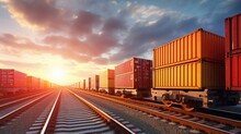 Intermodal Containers Transported On Train Car For Rail Freight Shipping Logistics Facilitating Import Export Of Goods From China