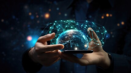 Poster - Man using phone with global network connection Technology and communication concept