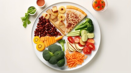 Wall Mural - Healthy food visual representation on plate illustrating balanced eating Carbohydrate protein and fat sources in correct proportions for diet planning Aerial perspective