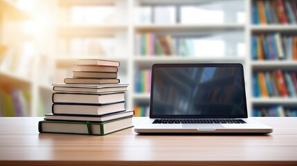 Aufkleber - Library desk with books and laptop representing education technology and e learning
