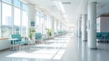 Fototapeta  - Empty modern hospital corridor with rooms and seats waiting room in medical office. Healthcare service interior
