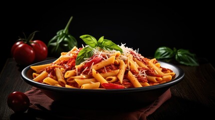 Leinwandbilder - Italian penne alla arrabiata with basil grated parmesan on dark table Spicy penne pasta arrabbiata with cheese and basil