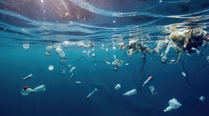 Aufkleber - High plastic pollution in the Mediterranean Sea Seafloor covered with plastic waste including bottles bags and debris