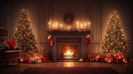 Poster - Festively lit living room adorned for Christmas with a decorated Xmas tree candles and garland indoors