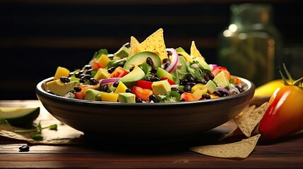 Poster - Healthy salad with avocado mango black bean tomato red onion and tortilla chips