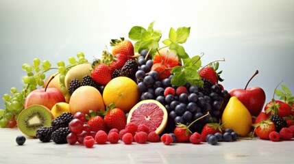 Poster - Fresh exotic fruits and berries on a bright background selection