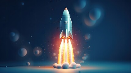 Poster - Illustration of a 3D rocket launching on a blue background symbolizing a startup business concept with a spaceship icon
