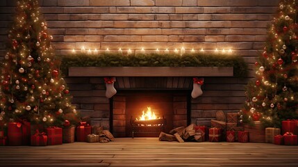 Aufkleber - Festive wooden table with Christmas tree and fireplace