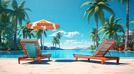 Poster - Luxurious coastal vacation setting with pool beach chairs umbrellas and palm trees under blue sky