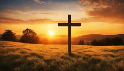 Ascension day concept: The cross on meadow autumn sunrise background