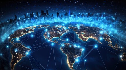 Poster - Global communication technology with interconnected internet network worldwide telecommunication and data transfer linking internationally IoT finance business blockchain security