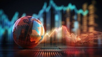 Poster - Global trading market changes illustrated through abstract business chart with downtrend line graph and bar chart featuring multi exposure effect and lens flare