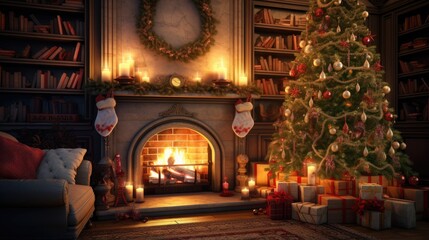 Poster - Festively lit living room adorned for Christmas with a decorated Xmas tree candles and garland indoors