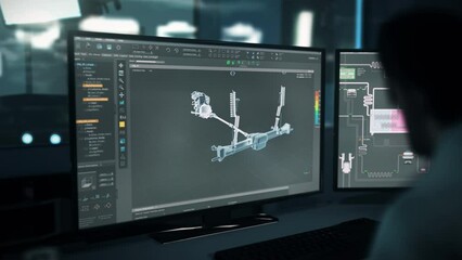 Engineer using the modern Automotive machine part production digital software. Automotive machine part manufacturing in the program. Automotive machine part blueprint creation in engineering tech.