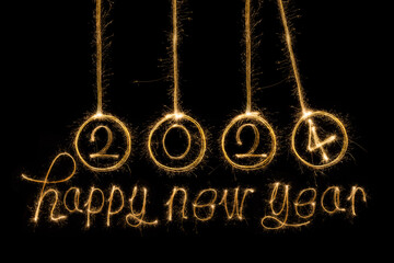 Wall Mural - Happy New Year 2024. Sparkling burning text Happy New Year 2024 isolated on black background.