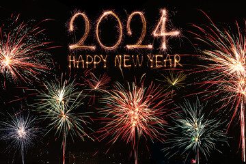 Wall Mural - Happy New Year 2024. Sparkling burning text Happy New Year 2024 isolated on black background.