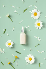 Wall Mural - flat lay composition with serum dropper bottle and chamomile buds on green background.