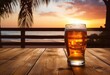 beer glass at sunset on wooden beach Generative AI