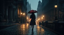 Woman Wearing Dress Holding A Umbrella Alone At Quiet CIty Photography