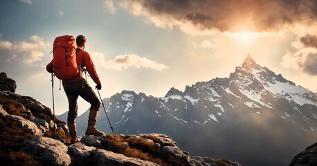 Hiker on top of mountain cleft