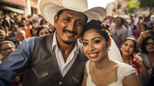  Boda Mexicana De Pueblo Novios Latinos El Con Sombrero Y Ella Con Clásico Vestido De Novia Entre Multitud De Gente Latina 