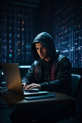 Aufkleber - Handsome brunette man wearing a black leather jacket with a hood working on a laptop, closeup portrait. Hacking, computer games, modern technology, human mind concepts
