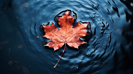 Wall Mural - Autumn maple leaf on water surface with ripples. Copy space.