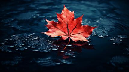 Wall Mural - Autumn maple leaf on water surface with ripples. Copy space.