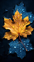 Wall Mural - Autumn maple leaf on water surface with ripples. Copy space.