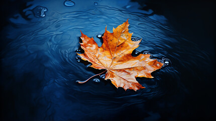 Wall Mural - Autumn maple leaf on water surface with ripples. Copy space.