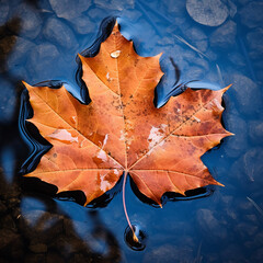 Wall Mural - Autumn maple leaf on water surface with ripples. Copy space.