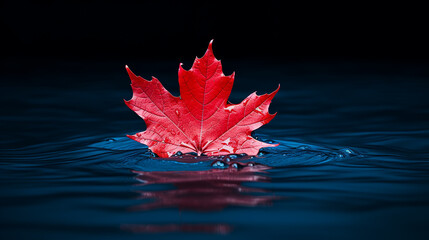Wall Mural - Autumn maple leaf on water surface with ripples. Copy space.
