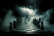 Chessboard symbolizes business strategy, figures in smoky, competitive atmosphere