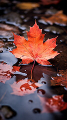 Wall Mural - Orange maple leaf in a puddle. Autumn background. Selective focus.