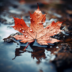 Wall Mural - Orange maple leaf in a puddle. Autumn background. Selective focus.