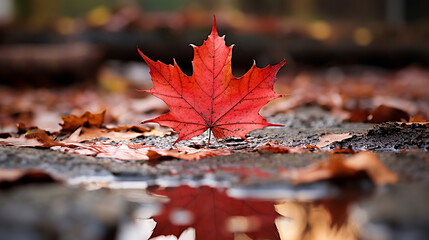 Wall Mural - Orange maple leaf in a puddle. Autumn background. Selective focus.