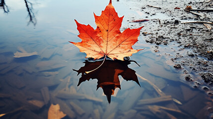 Wall Mural - Orange maple leaf in a puddle. Autumn background. Selective focus.