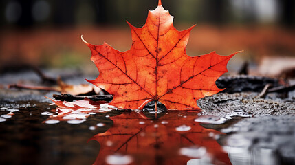 Wall Mural - Orange maple leaf in a puddle. Autumn background. Selective focus.