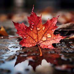 Wall Mural - Orange maple leaf in a puddle. Autumn background. Selective focus.