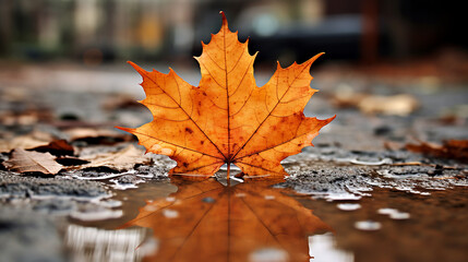 Wall Mural - Orange maple leaf in a puddle. Autumn background. Selective focus.
