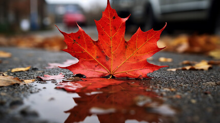 Wall Mural - Orange maple leaf in a puddle. Autumn background. Selective focus.